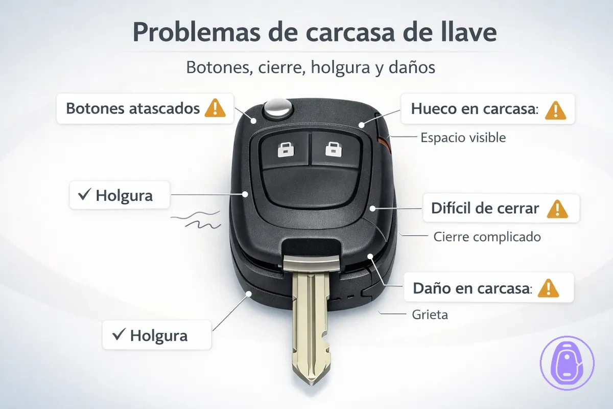 Ilustración de resolución de problemas habituales: botones atascados, holguras, separaciones y ajuste flojo en la carcasa de llave del coche.
