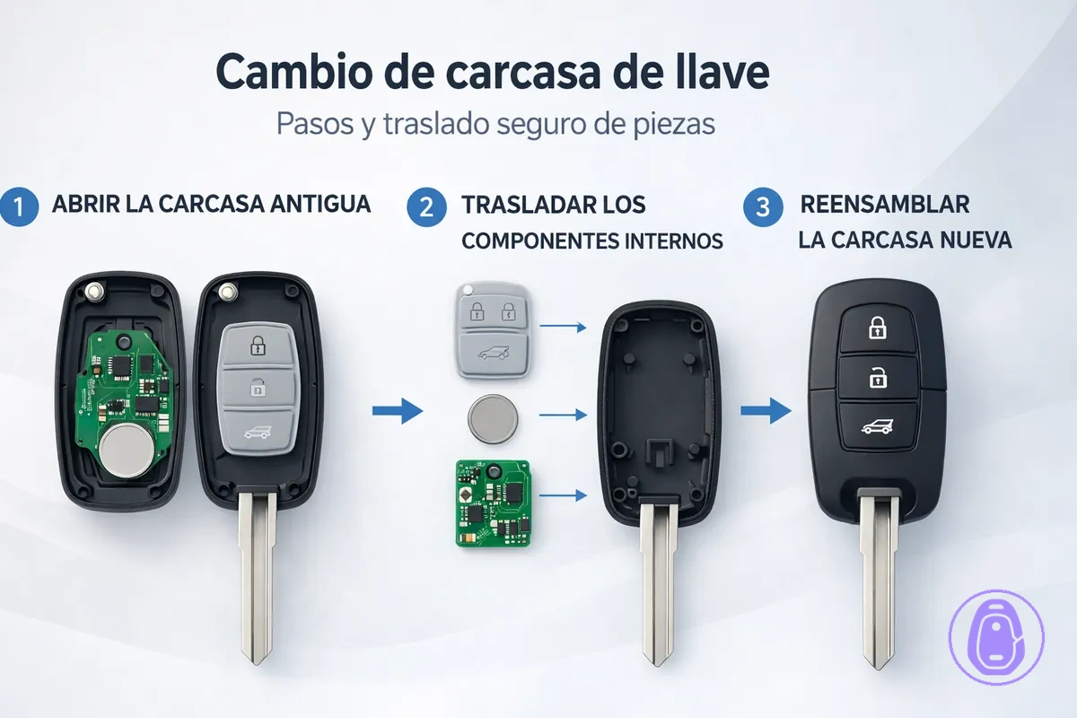 Ilustración paso a paso para sustituir una carcasa de llave del coche y montarla correctamente tras el traslado.