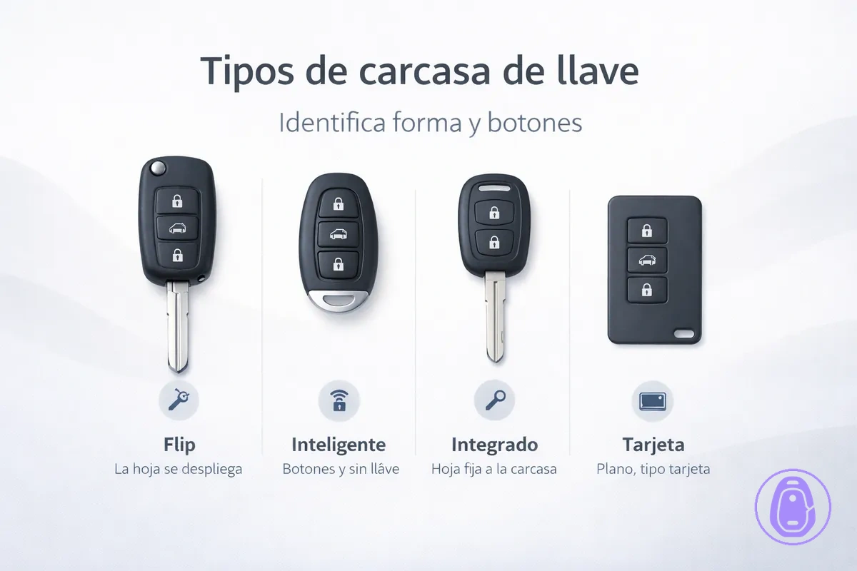 Ilustración de diferentes formatos de carcasa de llave del coche según forma y distribución de botones.