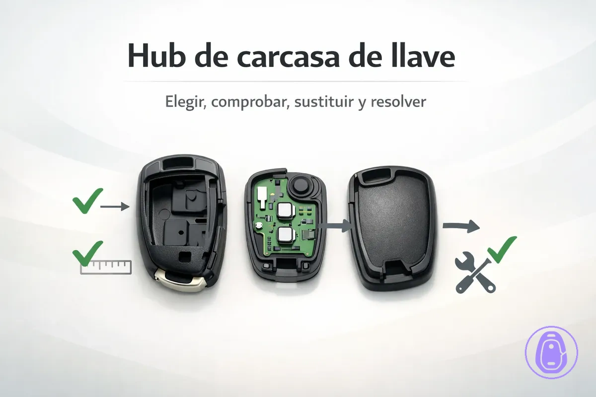 Ilustración del hub de carcasa de llave del coche con los temas clave: elección, comprobación de ajuste, sustitución y soluciones.