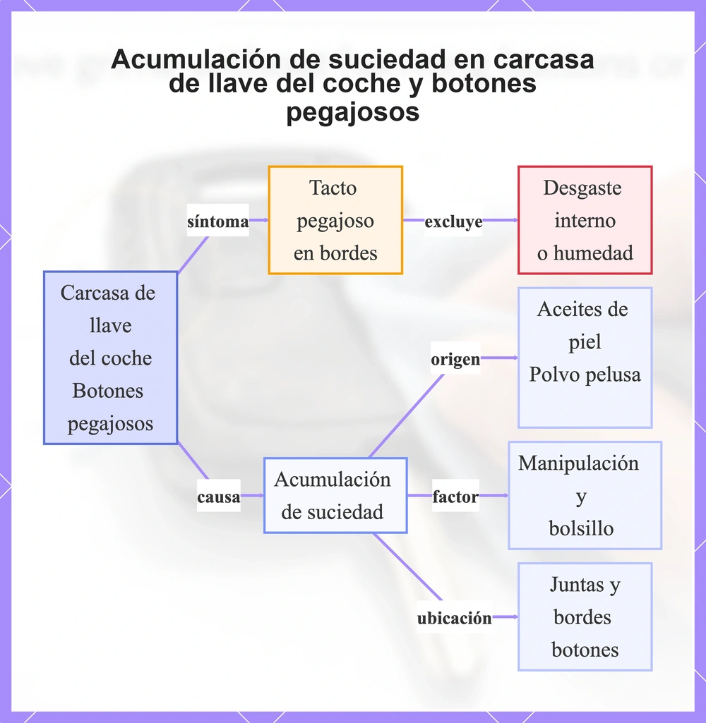 Acumulación de suciedad en carcasa de llave del coche y botones pegajosos