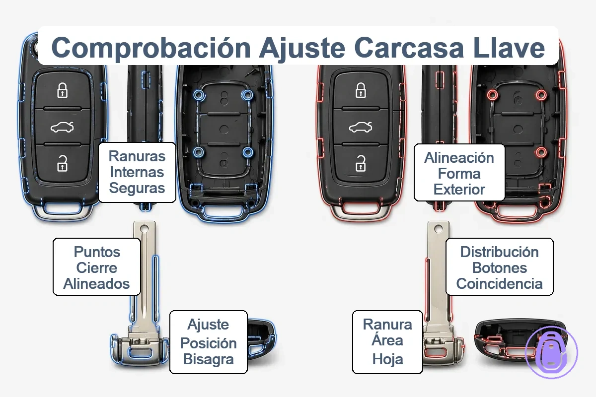 Ilustración de comprobaciones de ajuste de carcasa de llave de coche centrada en forma exterior, disposición de botones, área de hoja y alineación de bisagra.