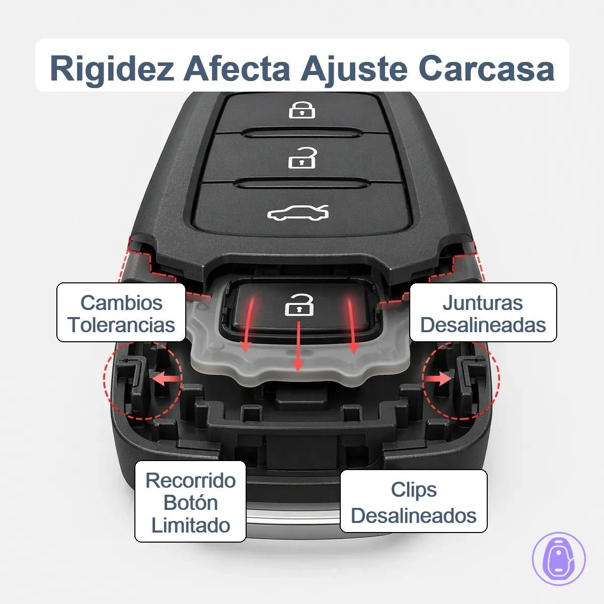 Ilustración que muestra huecos en costuras de carcasa de llave del coche, desalineación de clips y recorrido restringido de botones por tolerancias y rigidez deficientes.