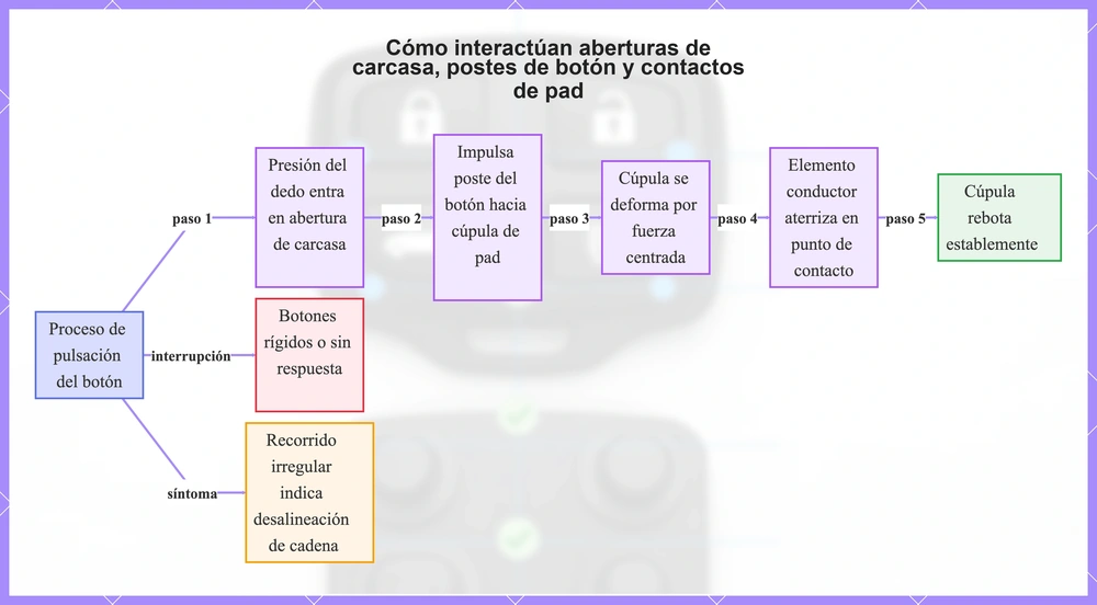 Cómo interactúan aberturas de carcasa, postes de botón y contactos de pad