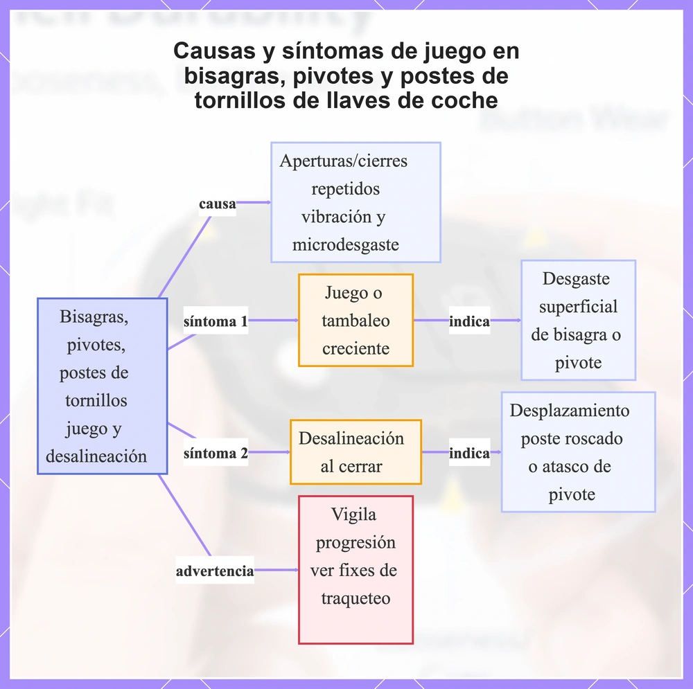 Causas y síntomas de juego en bisagras, pivotes y postes de tornillos de llaves de coche