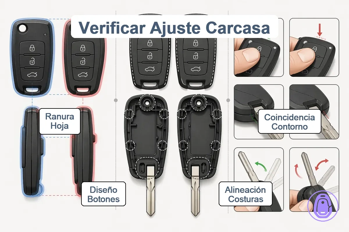 Indicadores de verificación paso a paso para el ajuste de carcasa de llave del coche desde fotos hasta comprobaciones físicas.
