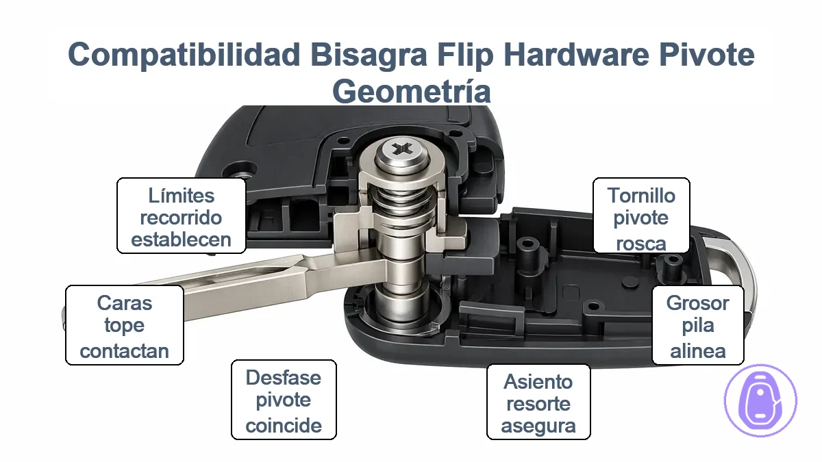 Diagrama que muestra alineación de hardware de pivote y geometría de bisagra en bisagras abatibles para función correcta de carcasa de llave de coche