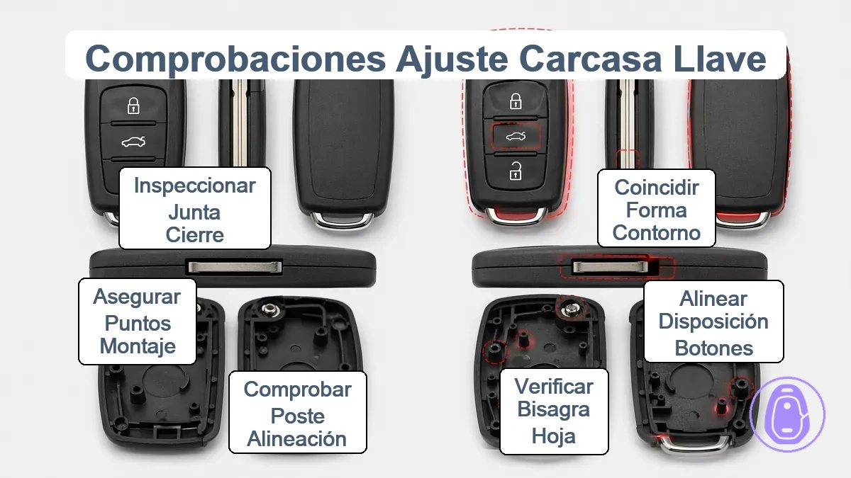Ilustración de comprobación de ajuste para carcasa de llave del coche que muestra forma del contorno, diseño de botones, bisagra de hoja y puntos de montaje internos.
