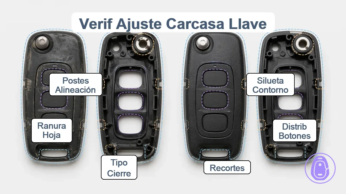 Gráfico anotado de comprobación de ajuste que muestra coincidencia de contorno de carcasa de llave del coche, espaciado de diseño de botones, recortes y área de pala/bisagra.