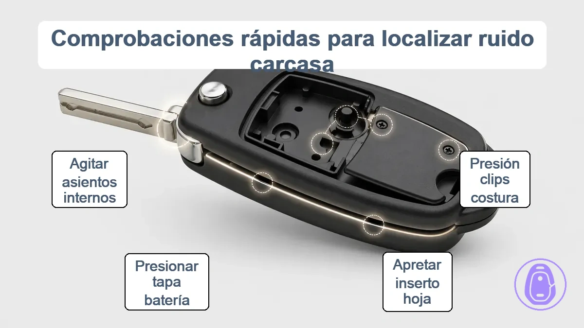 Diagrama de una carcasa de llave del coche que muestra zonas de comprobación en costura, área de hoja, puerta de batería e instalación interna