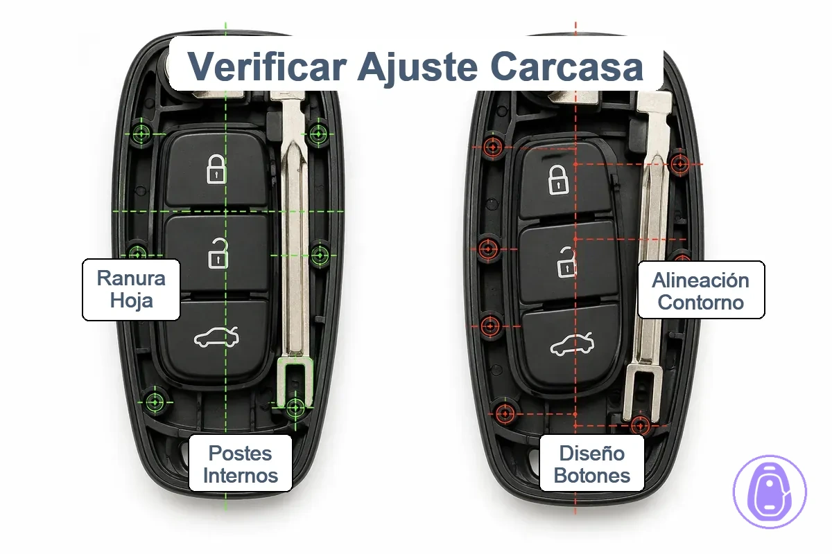 Comprobaciones de compatibilidad de carcasa de llave del coche para diseño de botones y postes internos.