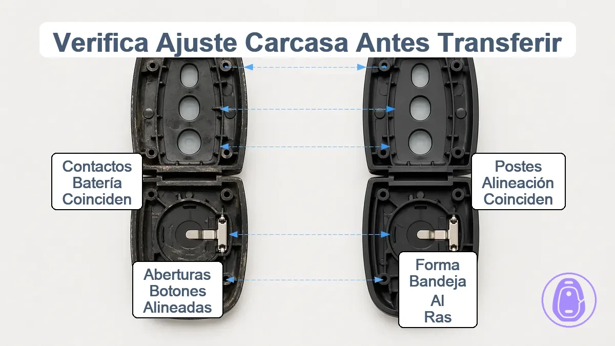 Ilustración en primer plano de dos carcasas de llaves de coche que muestran postes de alineación, orificios de botones y contactos de batería con flechas que indican áreas que deben coincidir.
