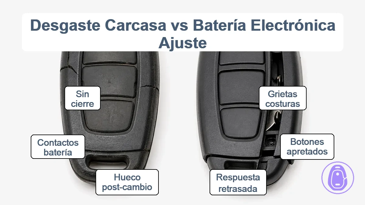 Contraste visual de grietas en carcasa de llave del coche desgastada frente a desajuste de alineación en carcasa de ajuste incorrecto