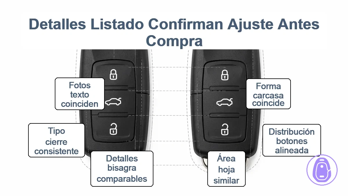 Gráfico de comparación de puntos de ajuste de carcasa de llave del coche como forma de carcasa, disposición de botones, área de hoja, bisagra y detalles de cierre