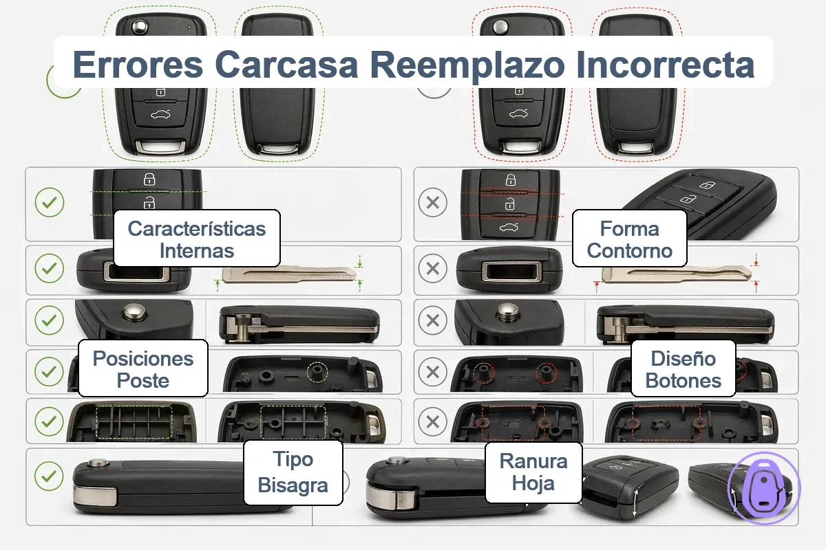 Gráfico de comparación que muestra puntos de coincidencia correctos frente a incorrectos de carcasa de llave de coche, incluyendo disposición de botones y área de bisagra.