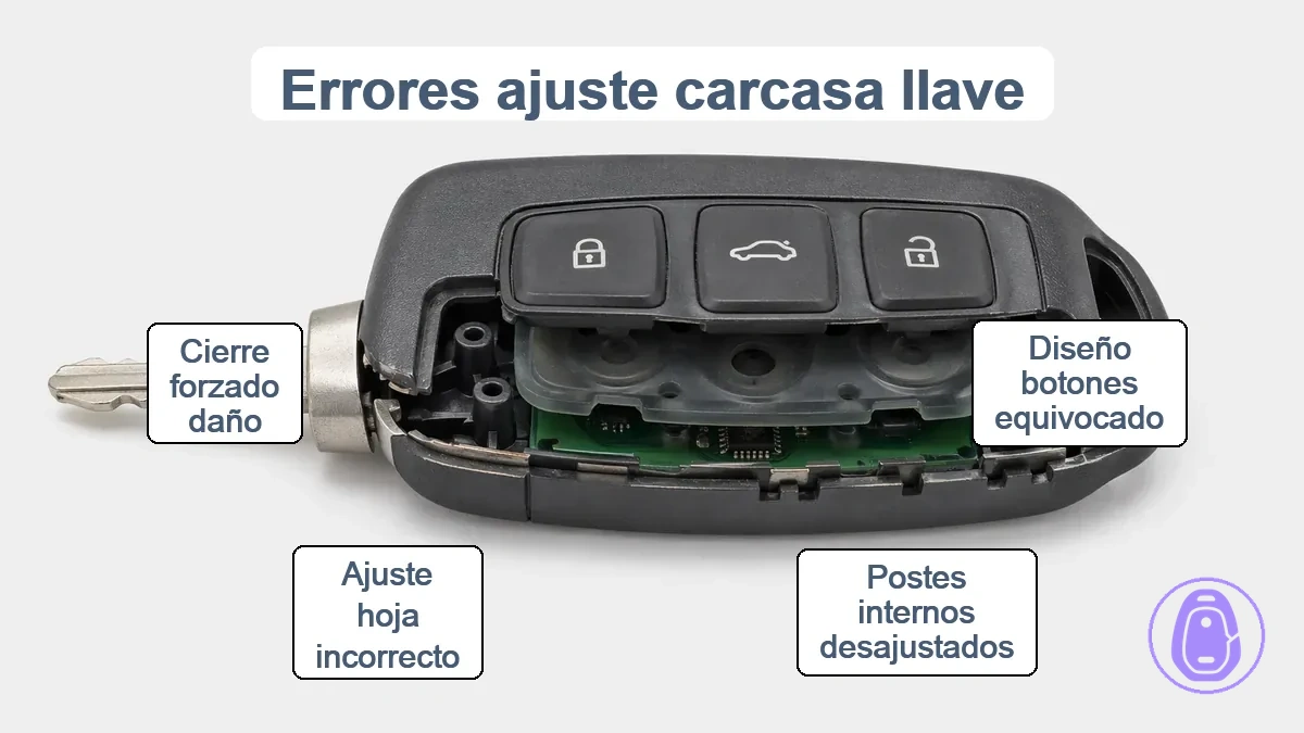 Ilustración de errores de ajuste de carcasa de llave del coche como alineación incorrecta de botones o postes desajustados que causan problemas de cierre y costes extra.