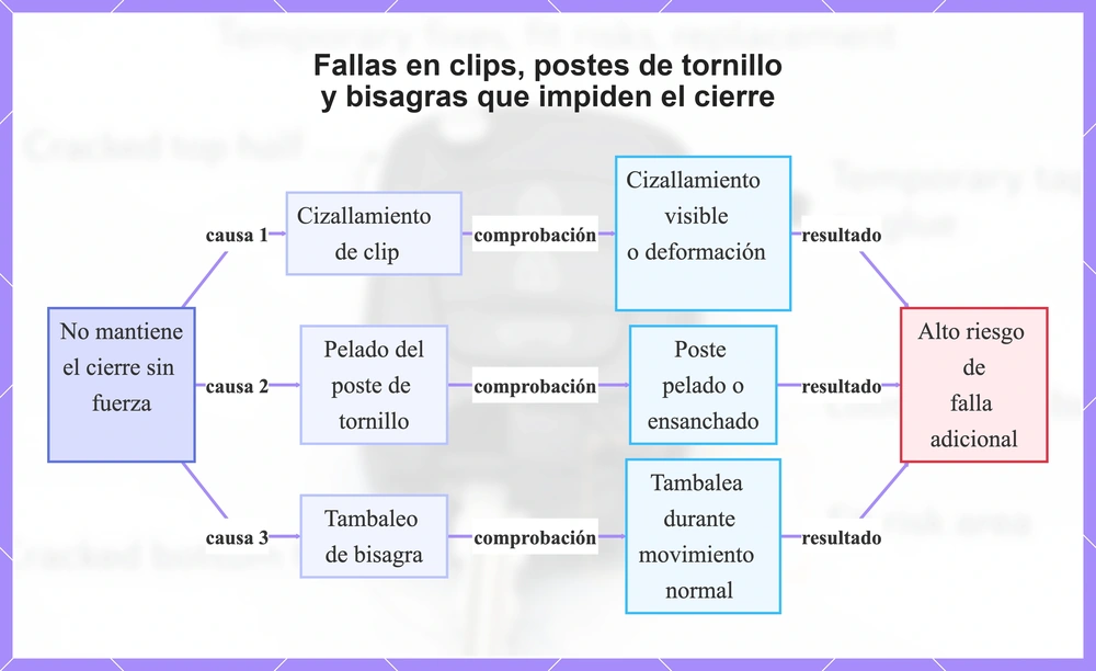 Fallas en clips, postes de tornillo y bisagras que impiden el cierre