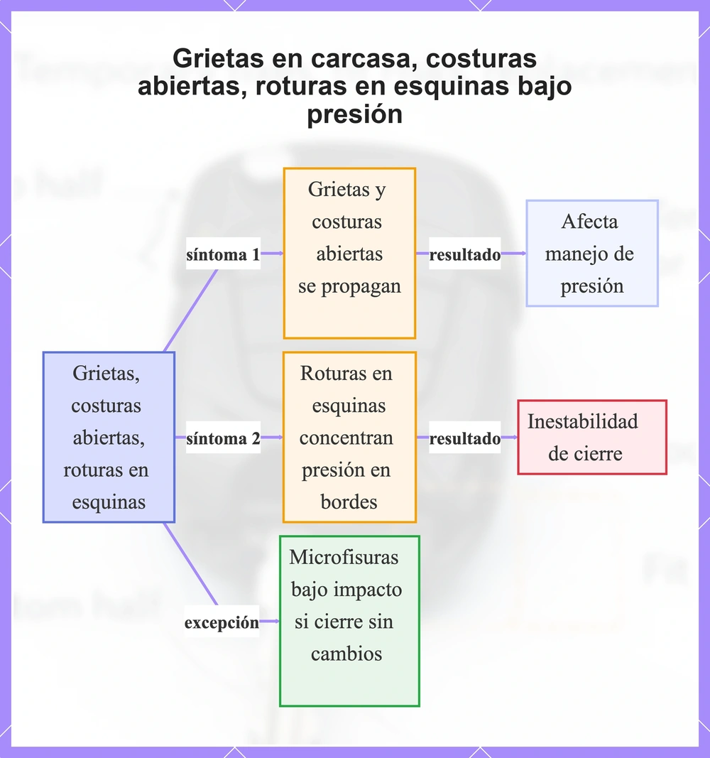 Grietas en carcasa, costuras abiertas, roturas en esquinas bajo presión