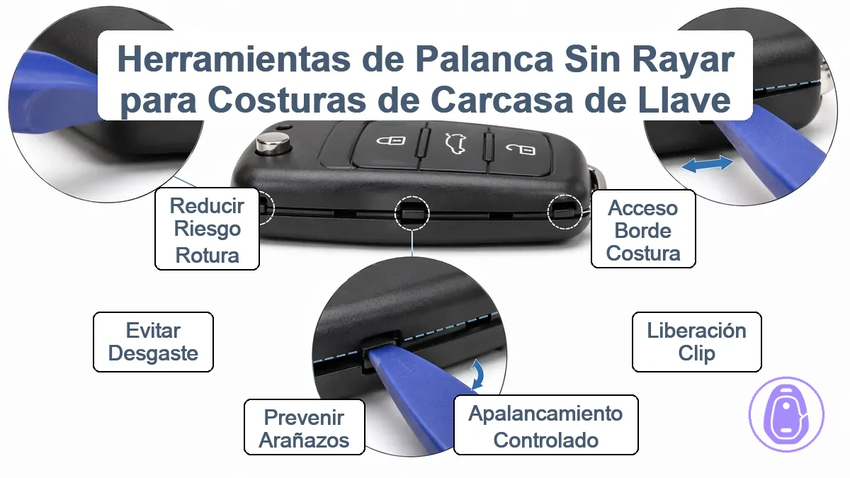 Herramientas de palanca y espátulas sin marcas usadas para abrir de forma segura la costura de una carcasa de llave del coche