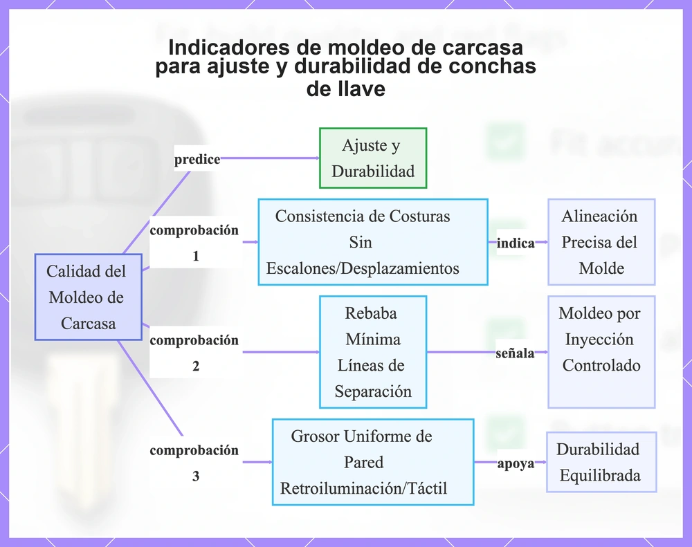 Indicadores de moldeo de carcasa para ajuste y durabilidad de conchas de llave