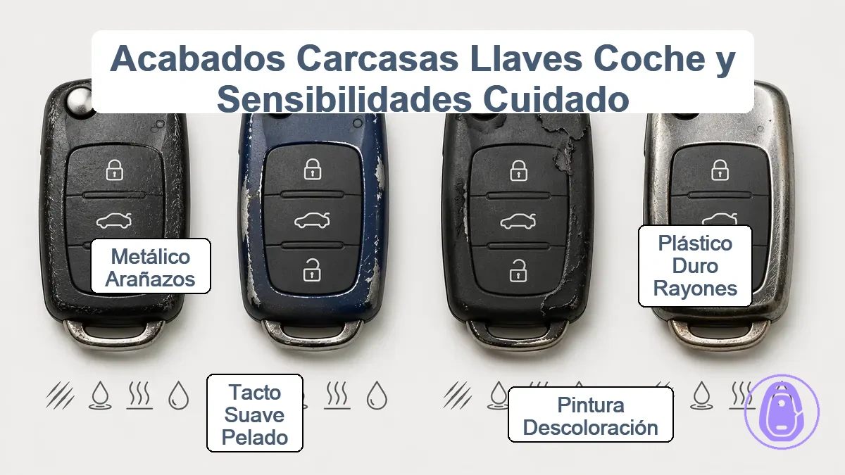Gráfico comparativo que muestra acabados de carcasas de llaveros y a qué es sensible cada uno