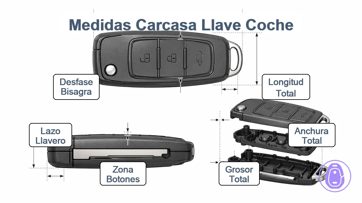 Diagrama de puntos de medición de carcasa de llave del coche que incluye longitud general, anchura, grosor, zona de botones, asa de llavero y límite de bisagra;