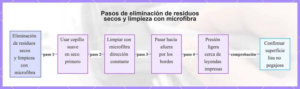 Pasos de eliminación de residuos secos y limpieza con microfibra