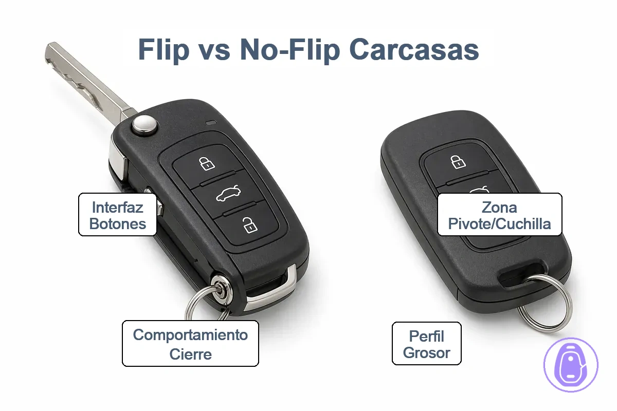 Gráfico de comparación que muestra formatos de carcasas de llave del coche plegables y no plegables e indicios clave de identificación.