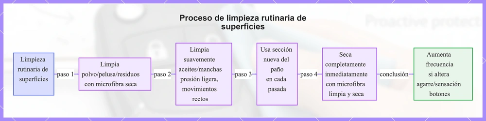 Proceso de limpieza rutinaria de superficies