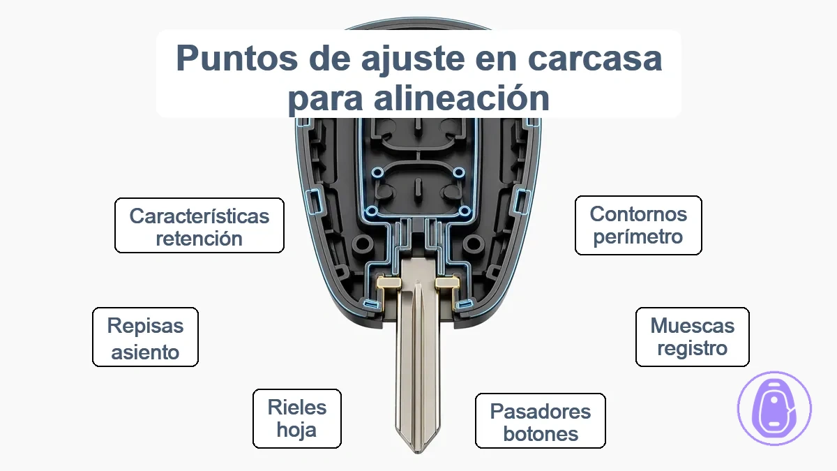 Diagrama etiquetado que muestra puntos de ajuste en una carcasa de llave del coche: perfil de contorno, características de registro de botones y superficies de alineación de la zona de la hoja
