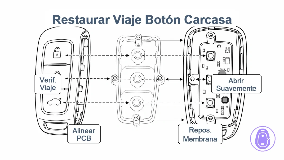 Diagrama de alineación simplificado que muestra mitades de carcasa de llave de coche, membrana de goma, PCB y postes de alineación con flechas que indican asiento correcto y camino de recorrido de botones.