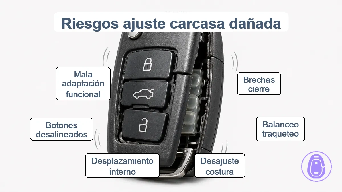 Carcasa dañada de llave del coche que muestra riesgos de ajuste como huecos, balanceo y desajuste de juntas