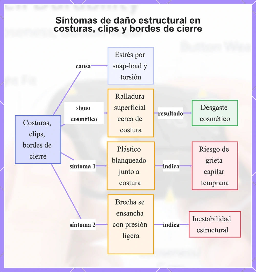 Síntomas de daño estructural en costuras, clips y bordes de cierre