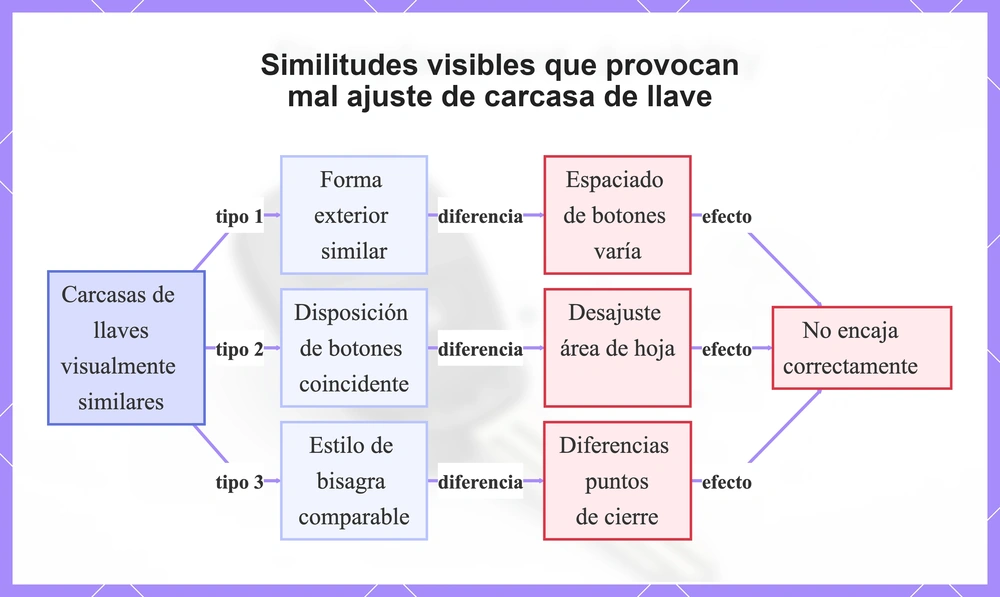 Similitudes visibles que provocan mal ajuste de carcasa de llave