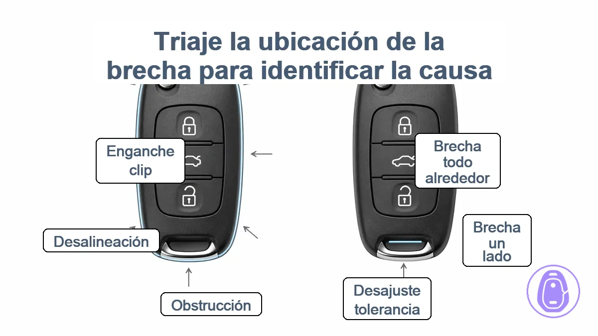 Diagrama de carcasa de llave del coche que resalta zonas de brechas en botones, hoja/bisagra y extremo del llavero con flechas para brechas en un lado y en todo el perímetro.