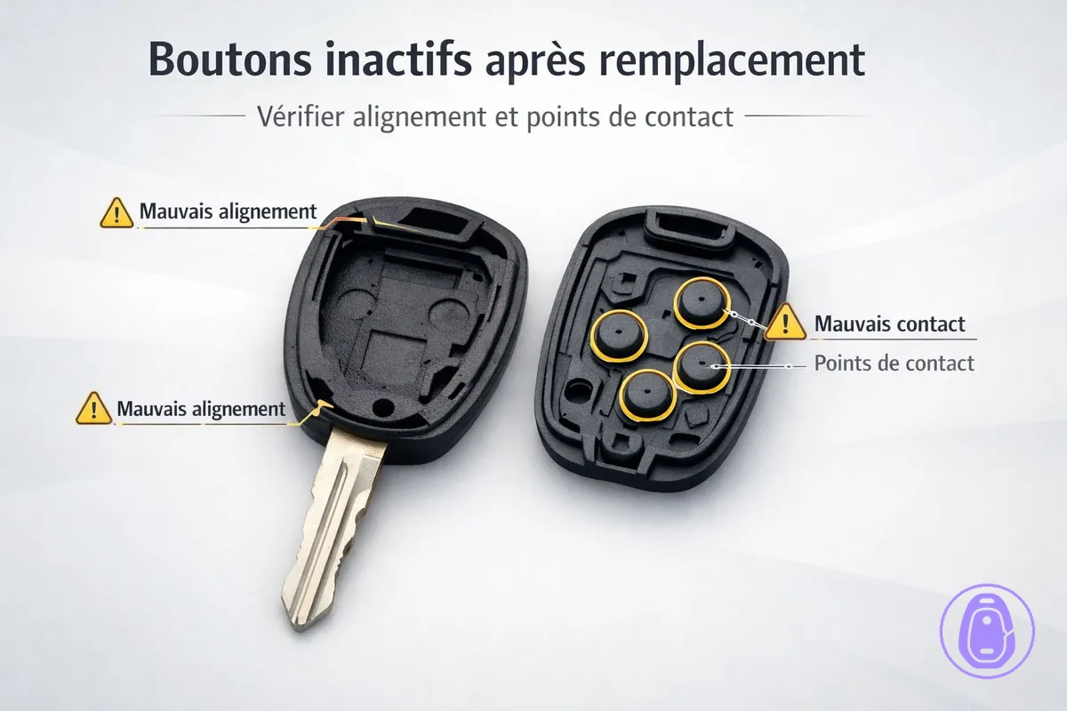 Illustration de boutons inactifs mettant en évidence l’alignement et les points de contact de la membrane.
