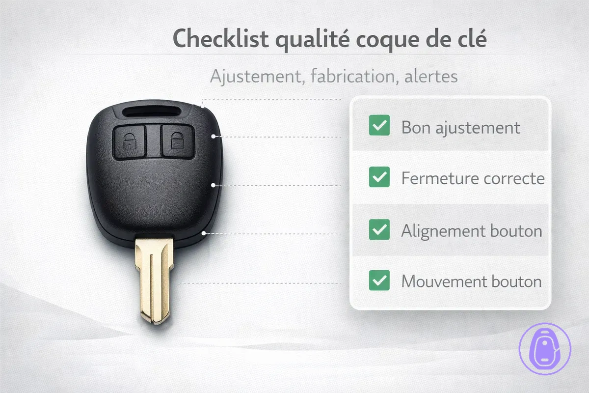 Checklist pour évaluer une coque : ajustement, alignement, fermeture et course des boutons.