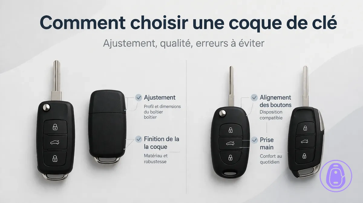 Visuel comparatif pour choisir une coque de clé de voiture selon l’ajustement, la qualité de fabrication et l’usage au quotidien.