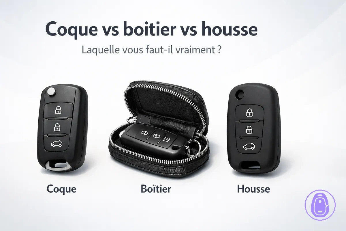 Illustration comparant coque, boîtier et housse selon l’ajustement et la protection.