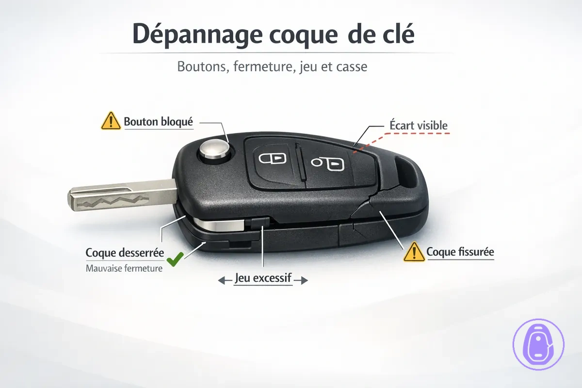 Illustration de dépannage : boutons coincés, espaces, fermeture difficile et ajustement lâche.