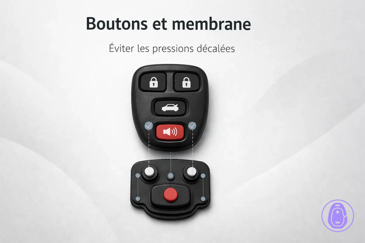 Illustration en vue de dessus de la disposition des boutons avec la membrane correspondante sous la coque.