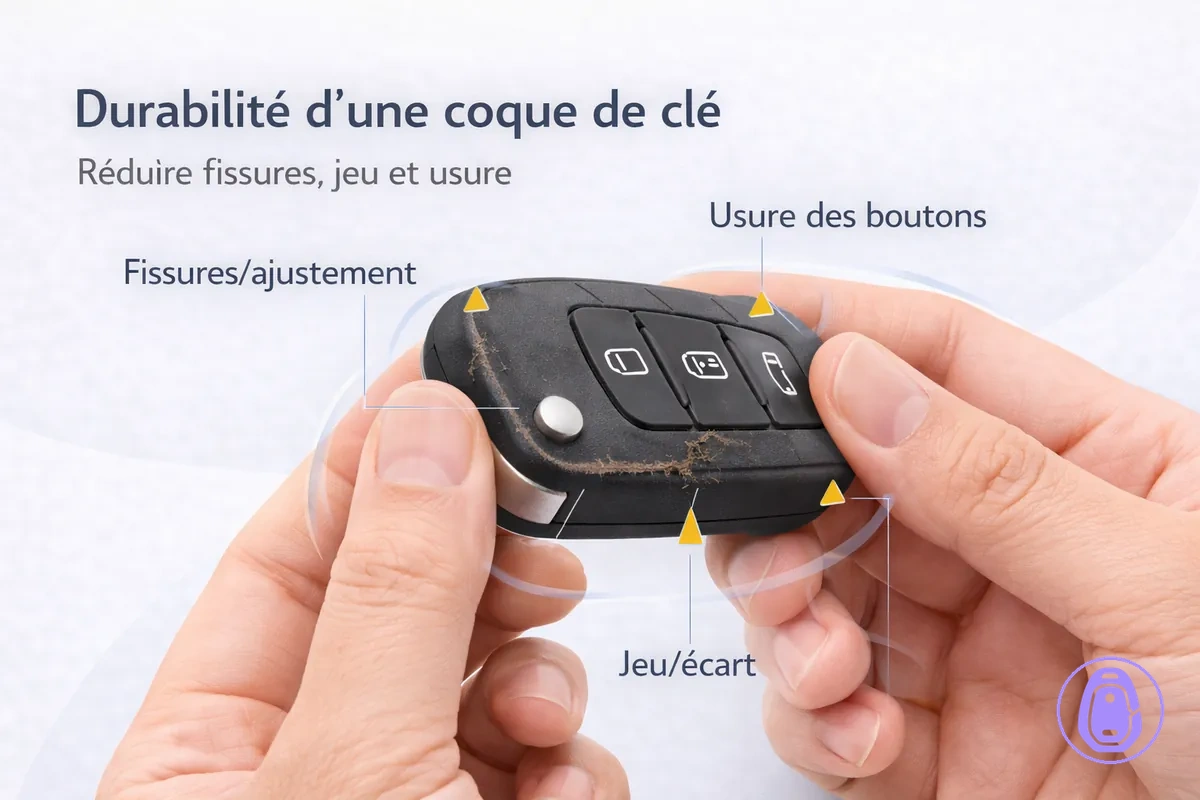 Illustration des zones d’usure d’une coque de clé de voiture et des gestes qui limitent les dommages.