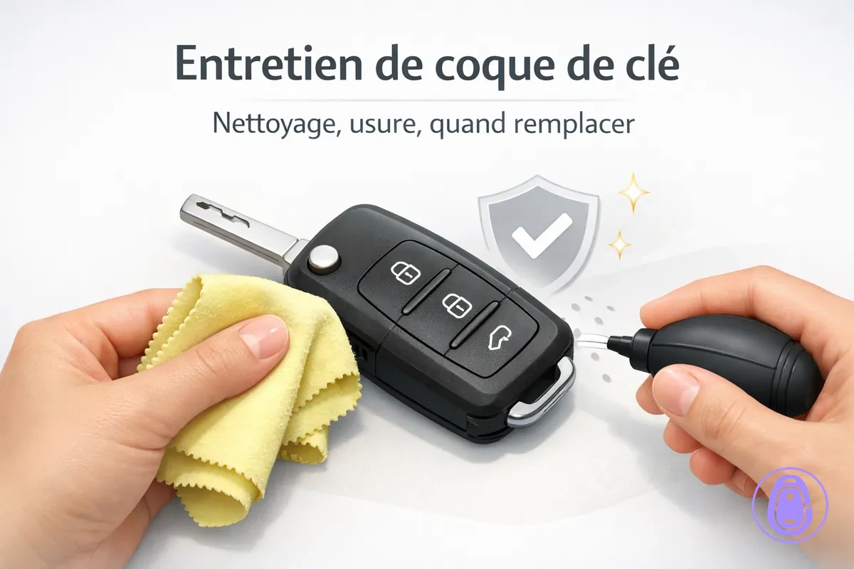 Illustration d’entretien pour nettoyer et protéger une coque de clé de voiture de l’usure.