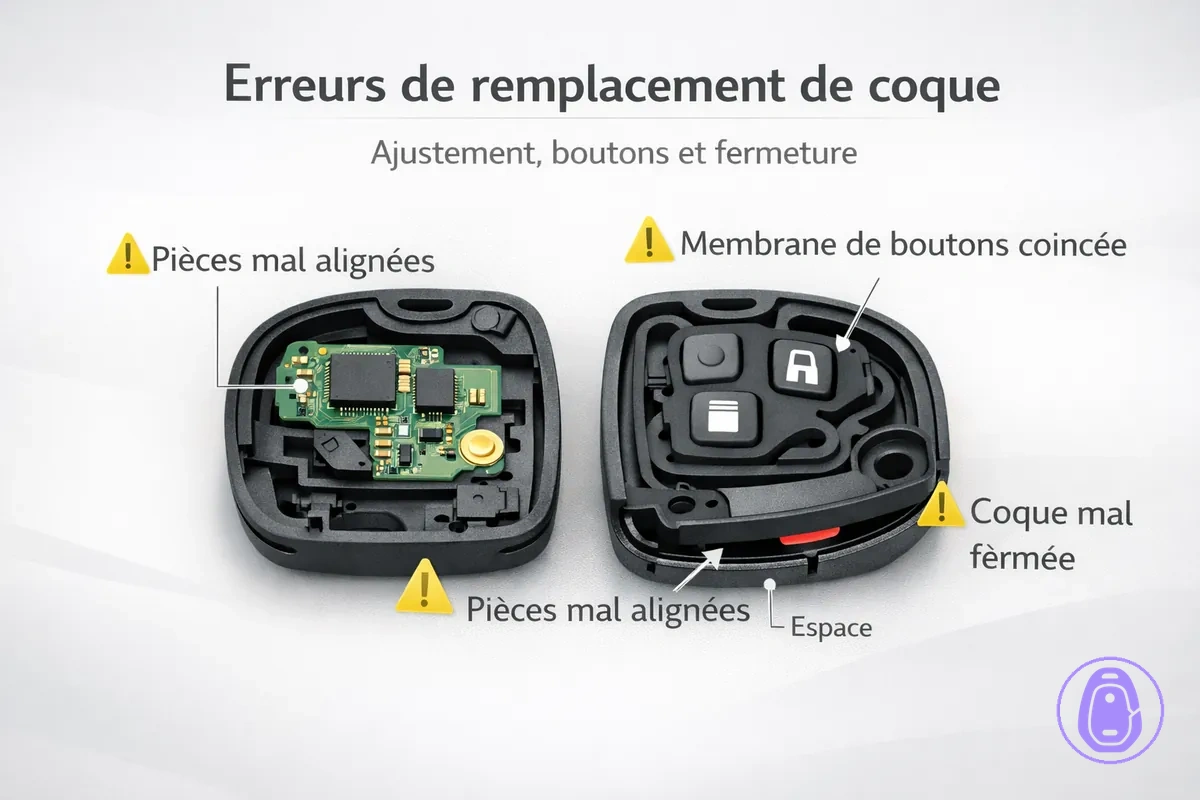 Illustration d’erreurs fréquentes : pièces mal alignées et membrane de boutons pincée.