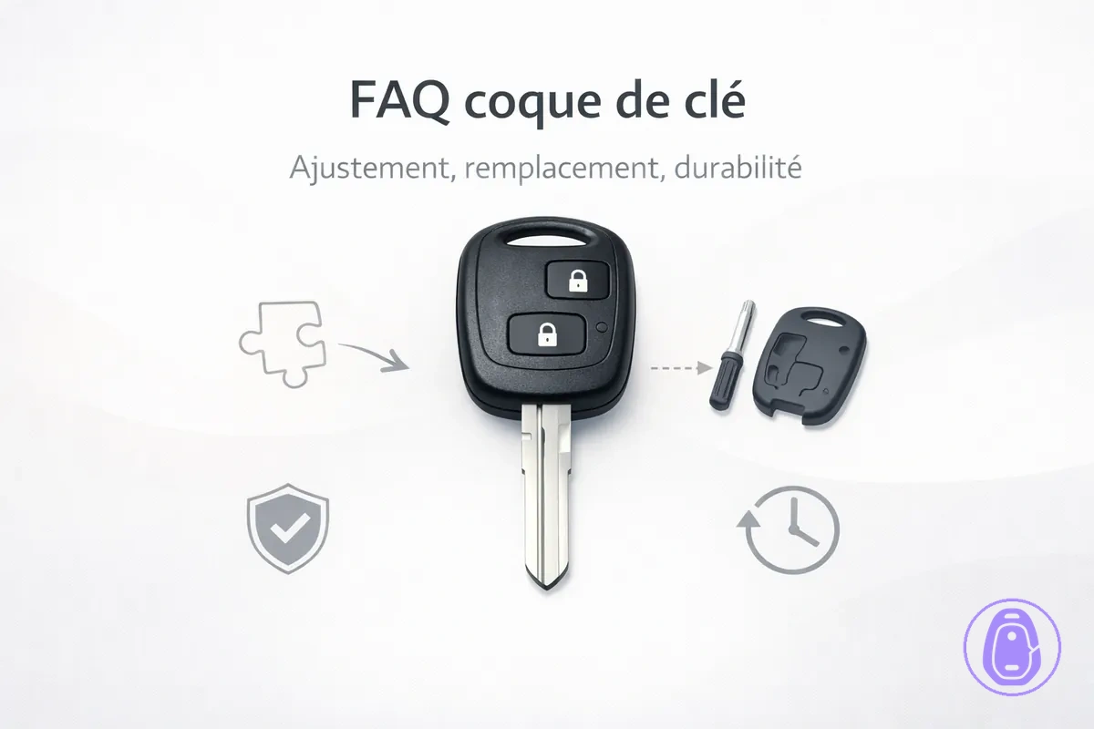 Illustration de type FAQ sur l’ajustement, le remplacement et la durabilité d’une coque de clé de voiture.