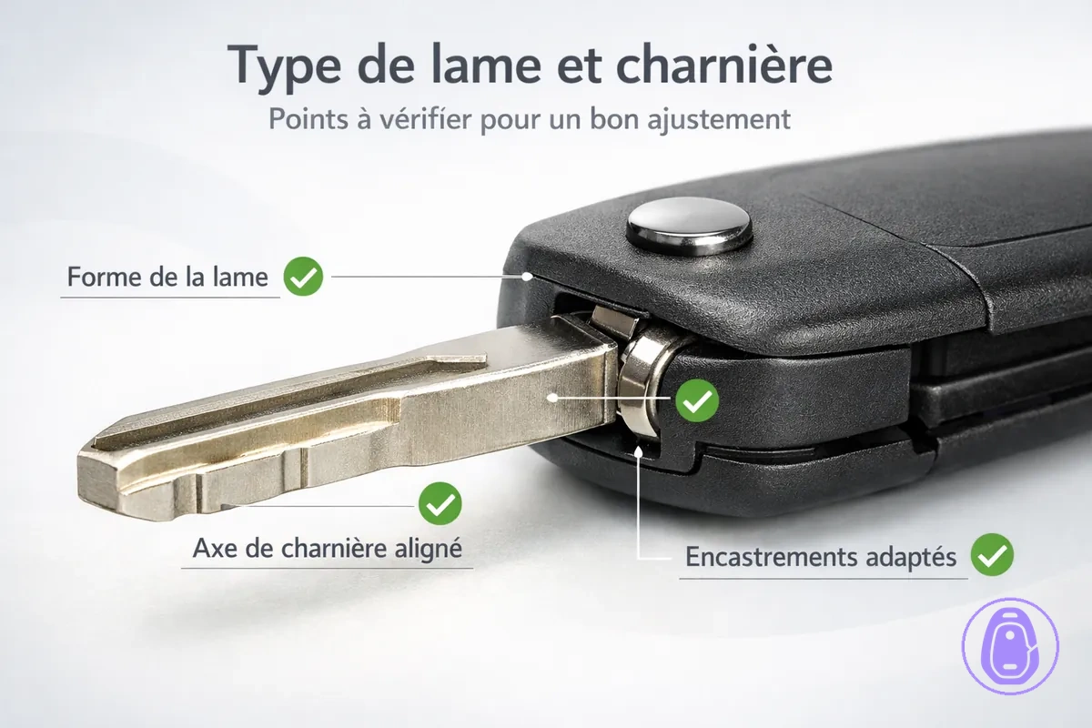 Illustration en gros plan de la zone de lame et du pivot/charnière pour vérifier la compatibilité.