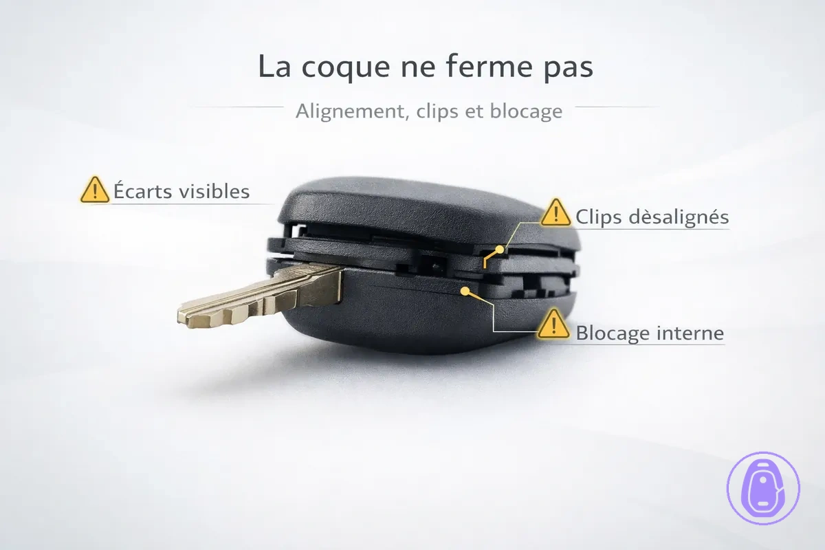 Illustration d’une coque qui ne se ferme pas, avec espaces, clips et points de désalignement.