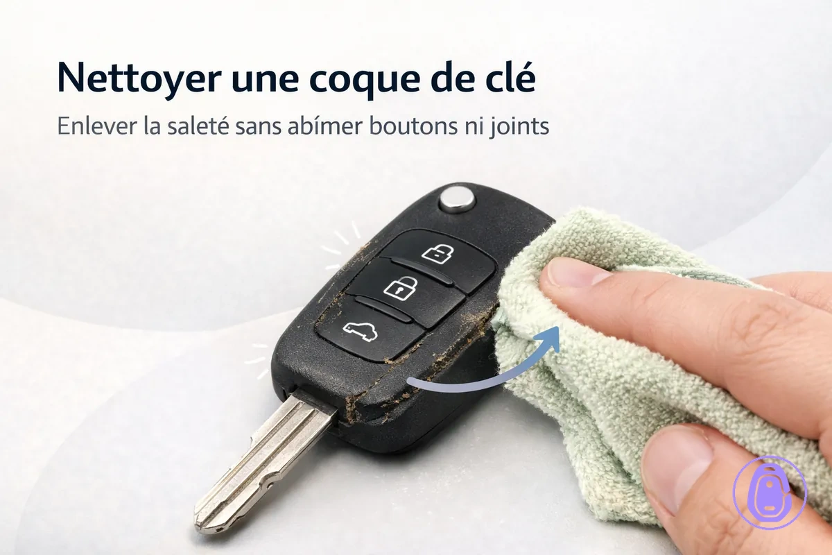 Illustration de nettoyage axée sur les jonctions et la zone des boutons d’une coque de clé de voiture.