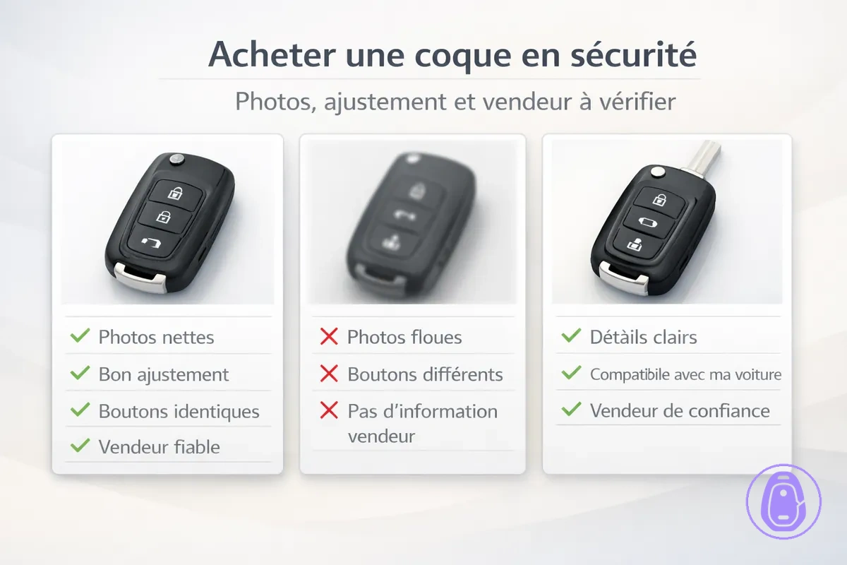 Illustration d’une checklist pour évaluer une annonce et choisir la bonne coque selon photos et détails d’ajustement.