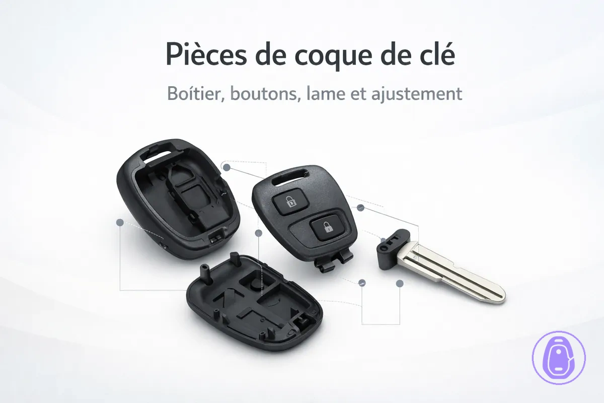 Illustration éclatée des pièces : demi-coques, zone de membrane de boutons et section de lame.